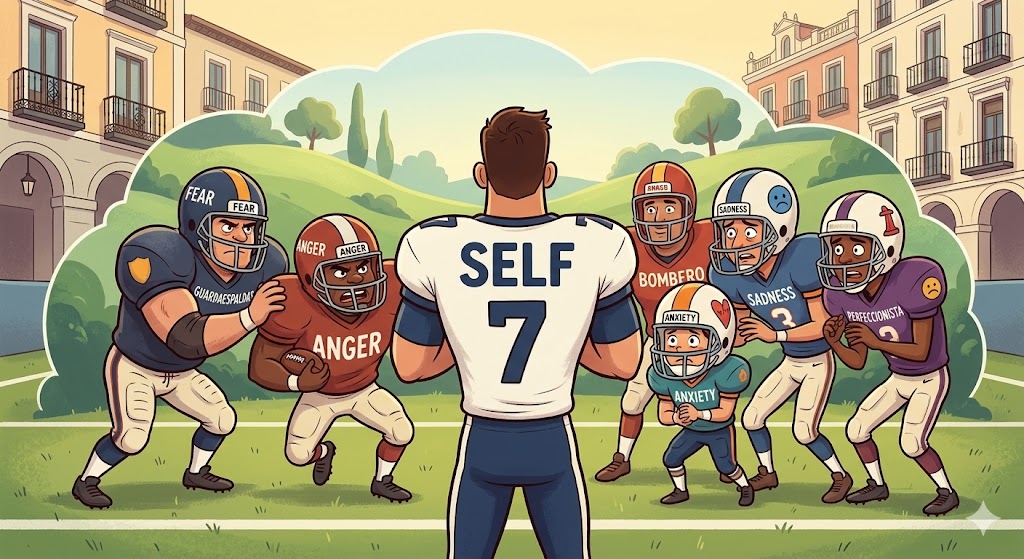 Caricatura de equipo de fútbol americano con líder SELF para explicar la terapia IFS - Psicólogo Barrio de Salamanca